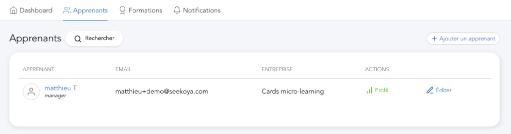 Visuel de l'interface de gestion des apprenants avec Cards micro-learning